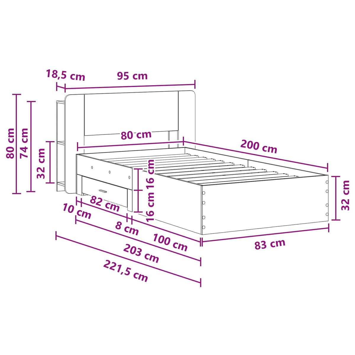 Bed Frame with Storage Grey Sonoma 80 x 200 cm Engineered Wood