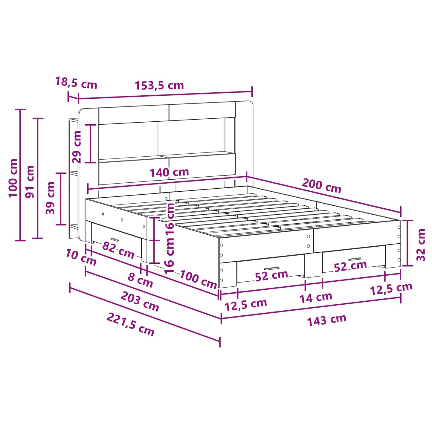 Bed Frame with Storage Grey Sonoma 140 x 200 cm Engineered Wood