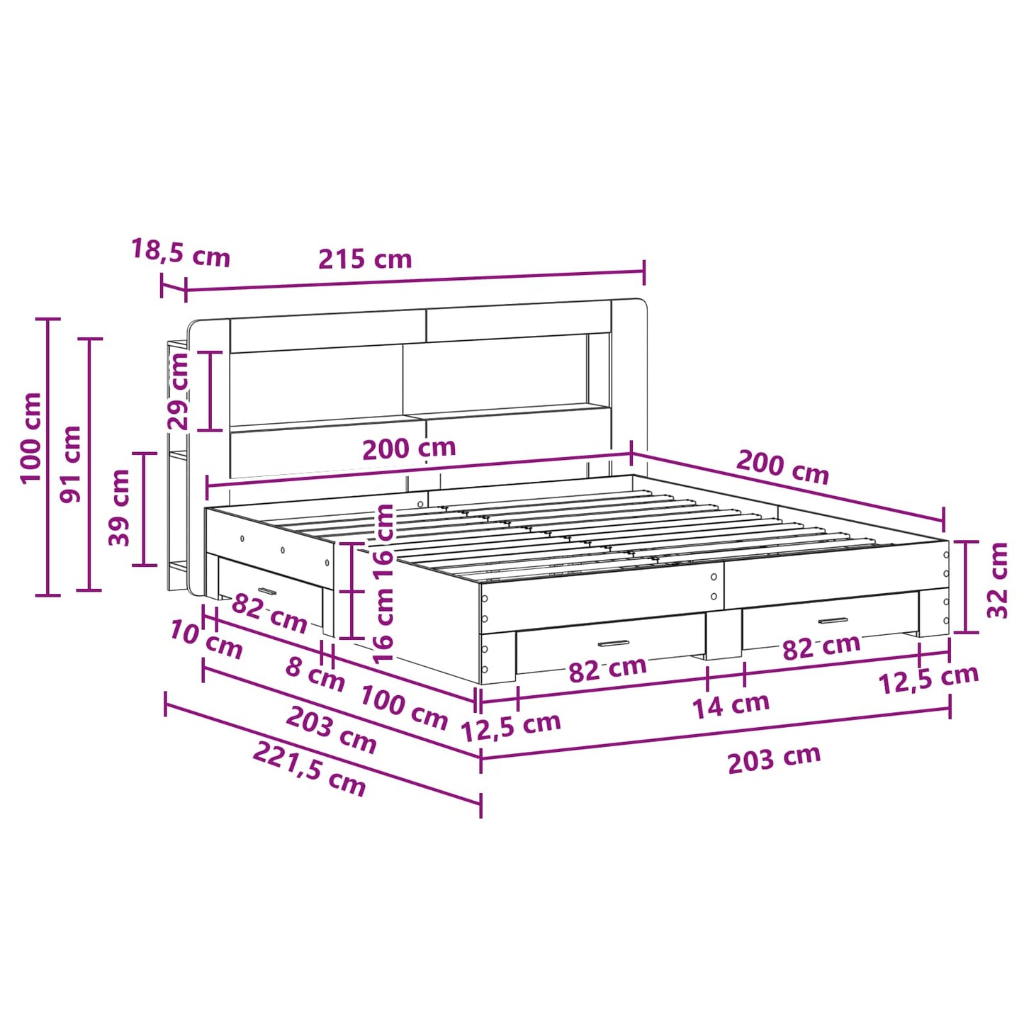 Bed Frame with Storage Grey Sonoma 200 x 200 cm Engineered Wood