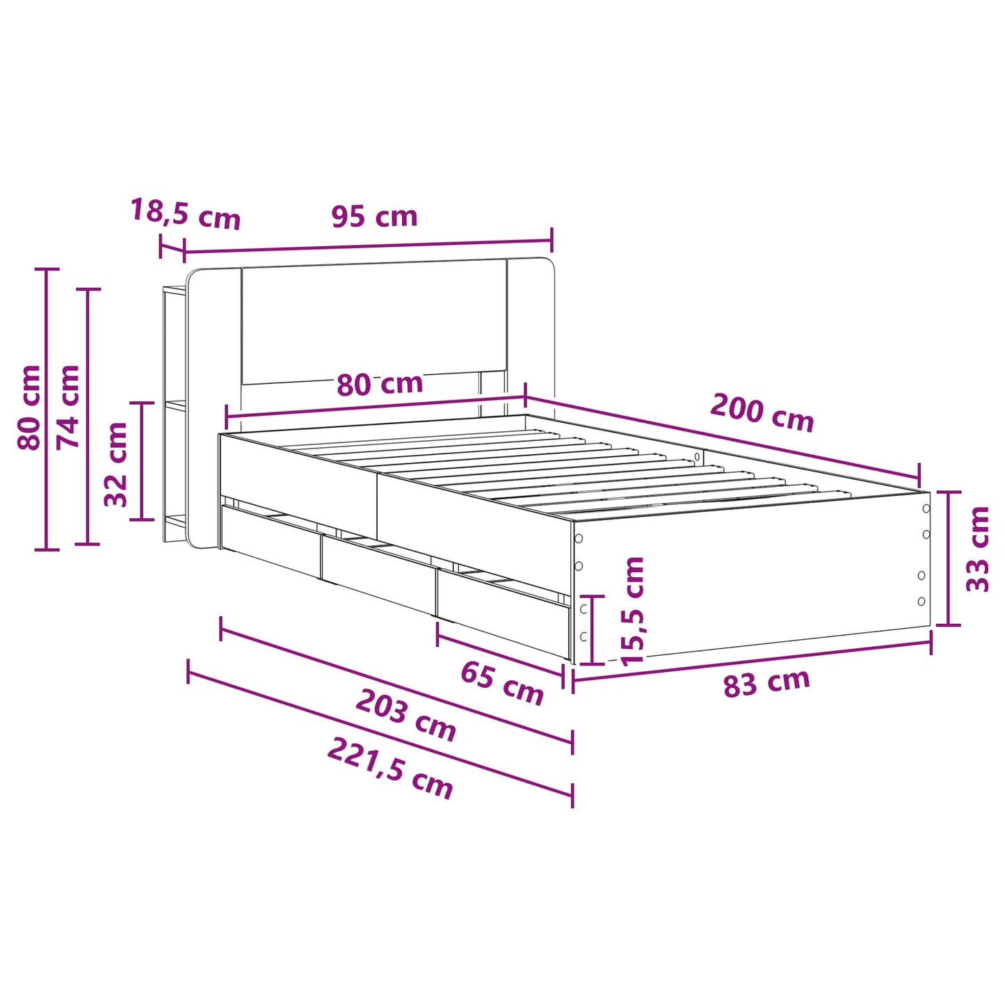 Bed Frame with Storage Smoked Oak 80 x 200 cm Engineered Wood