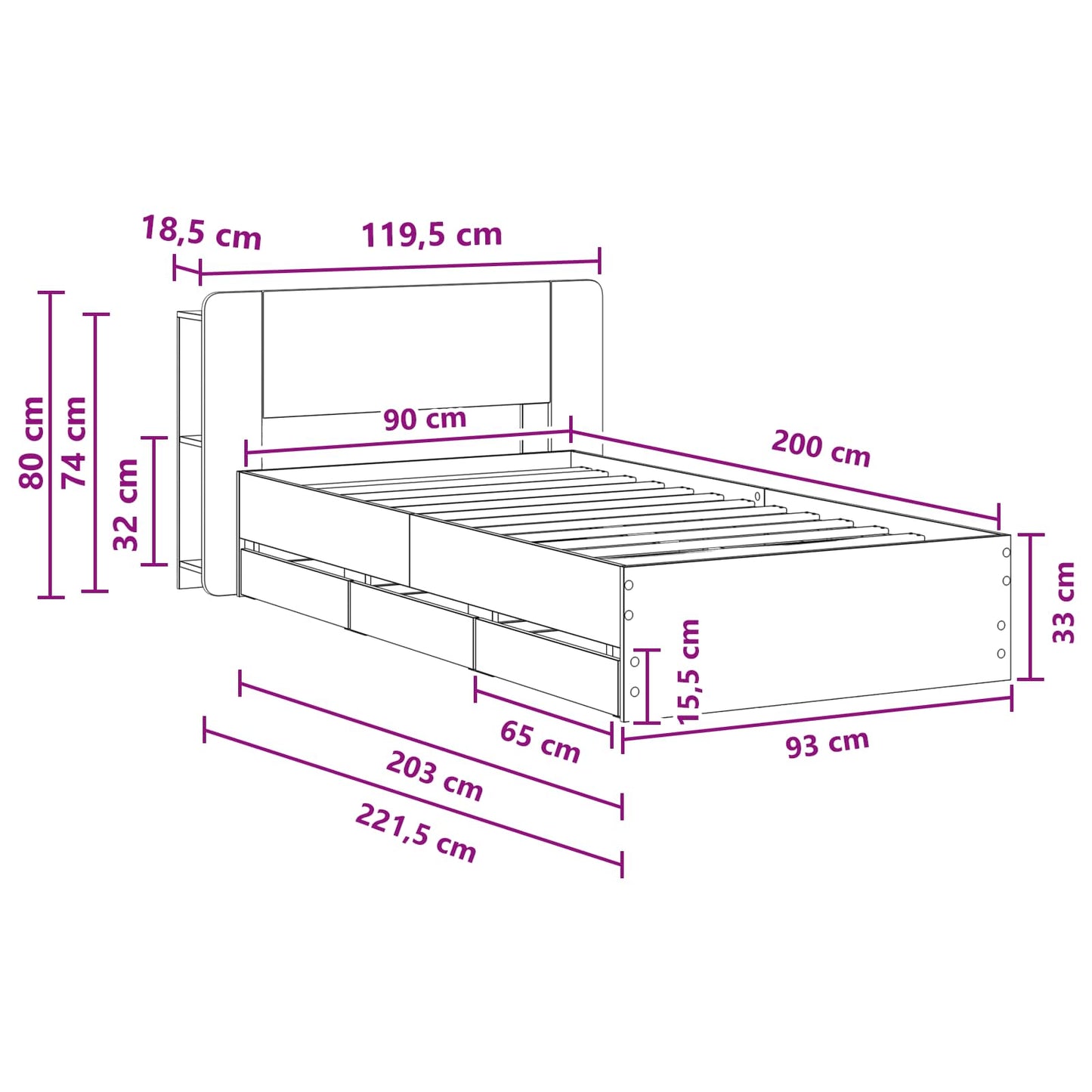 Bed Frame with Storage Grey Sonoma 90 x 200 cm Engineered Wood