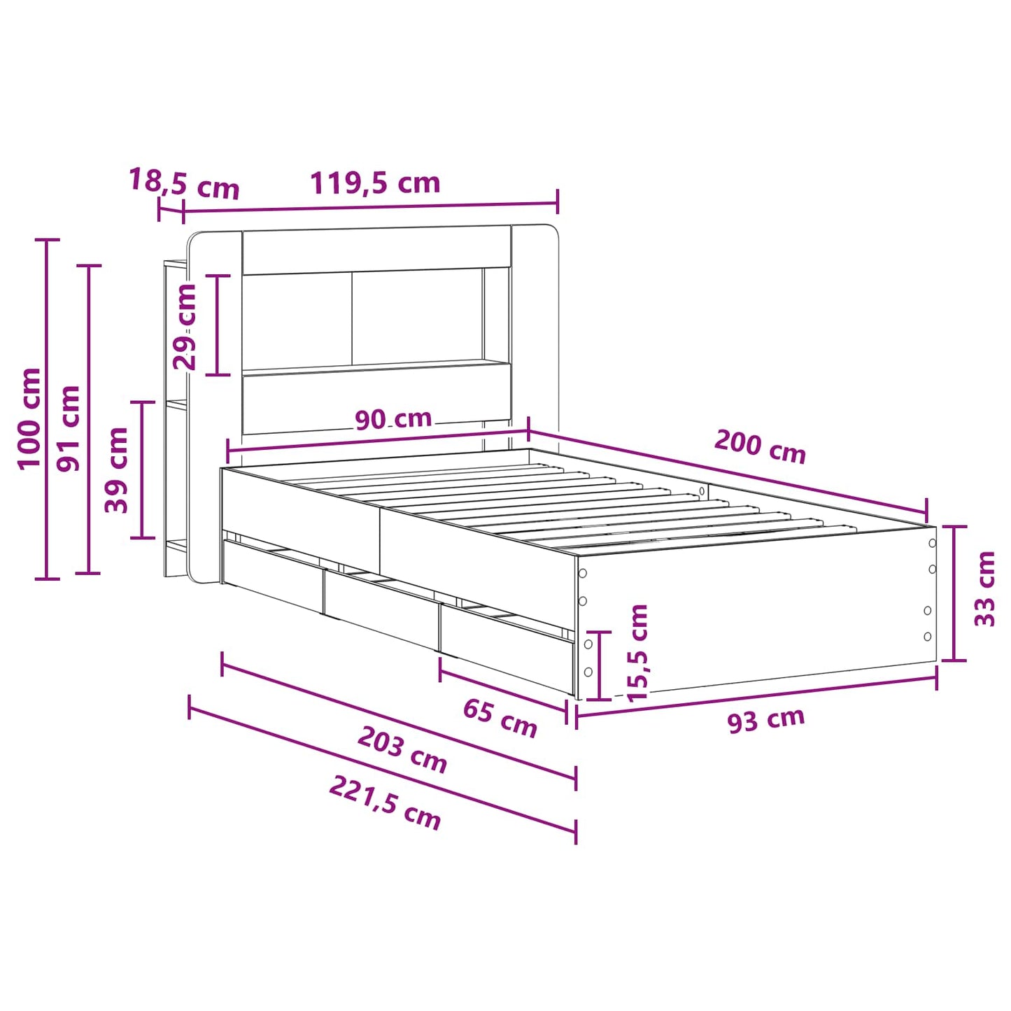 Bed Frame with Storage Grey Sonoma 90 x 200 cm Engineered Wood