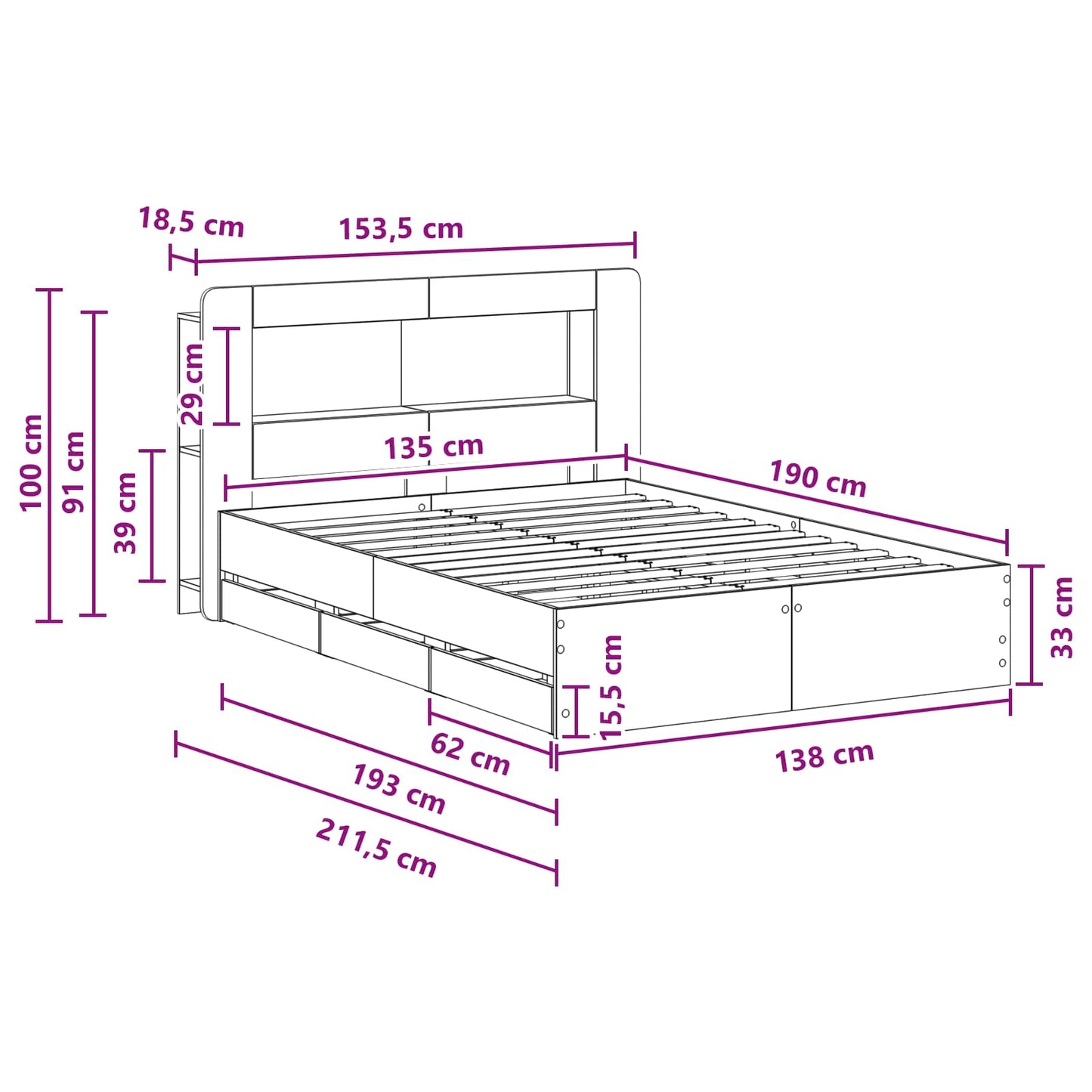 Bed Frame with Storage Smoked Oak 135 x 190 cm Engineered Wood