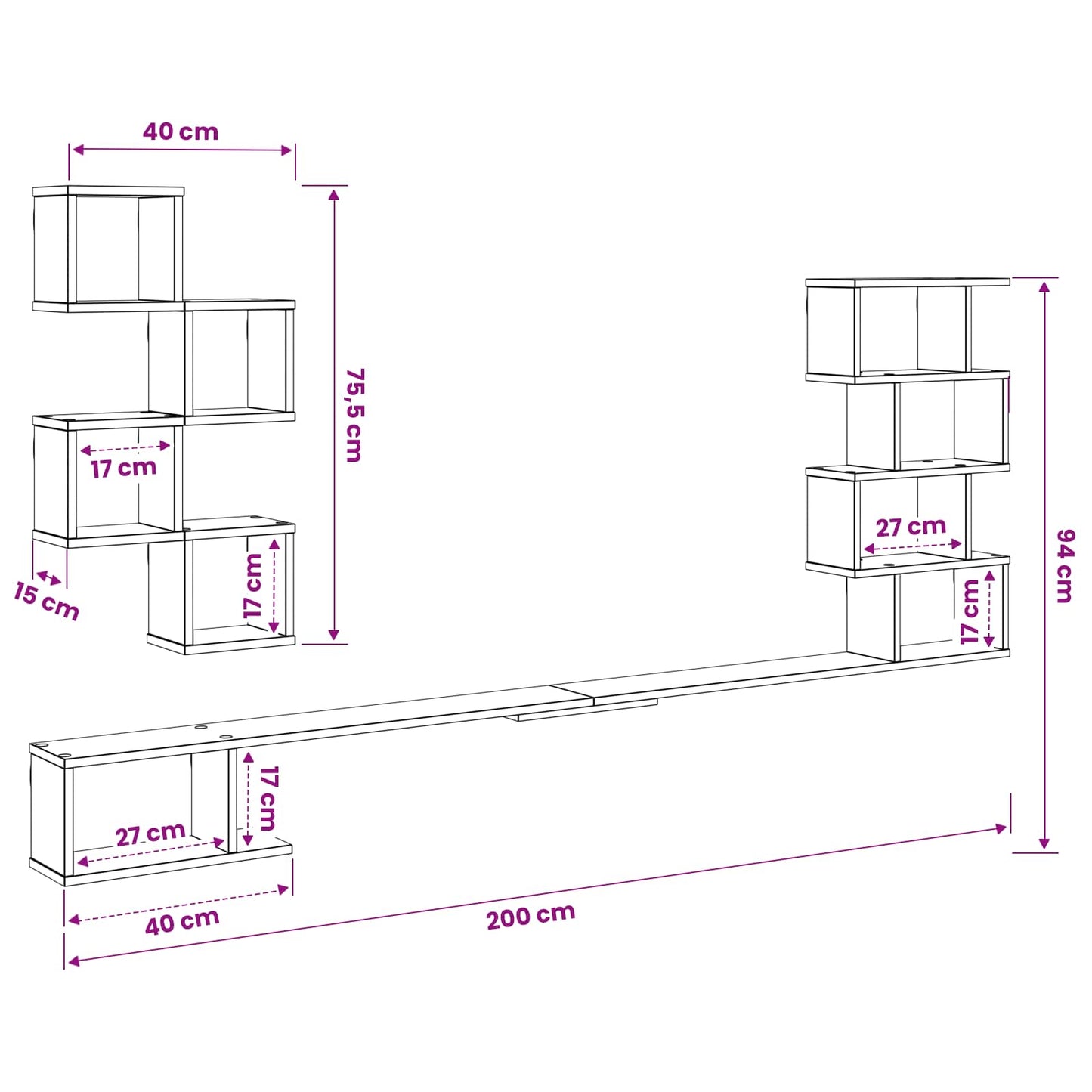 Wall-Mounted TV Shelf Grey Sonoma 200 x 15 x 94 cm