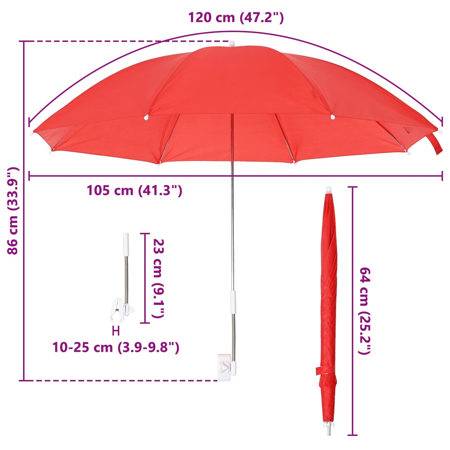 Umbrella with Clamp 2 pcs Fire Brick Red Ø 105 x 86 cm