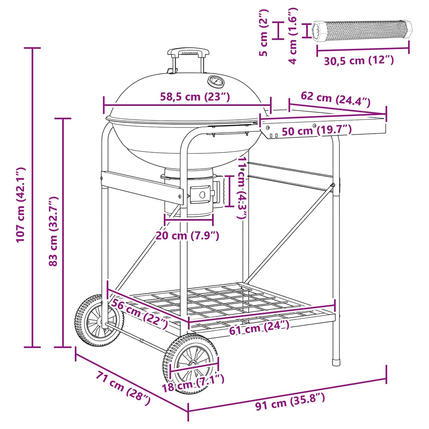 Charcoal Grill with Smoker Tubes 91 x 71 x 107 cm Steel Black