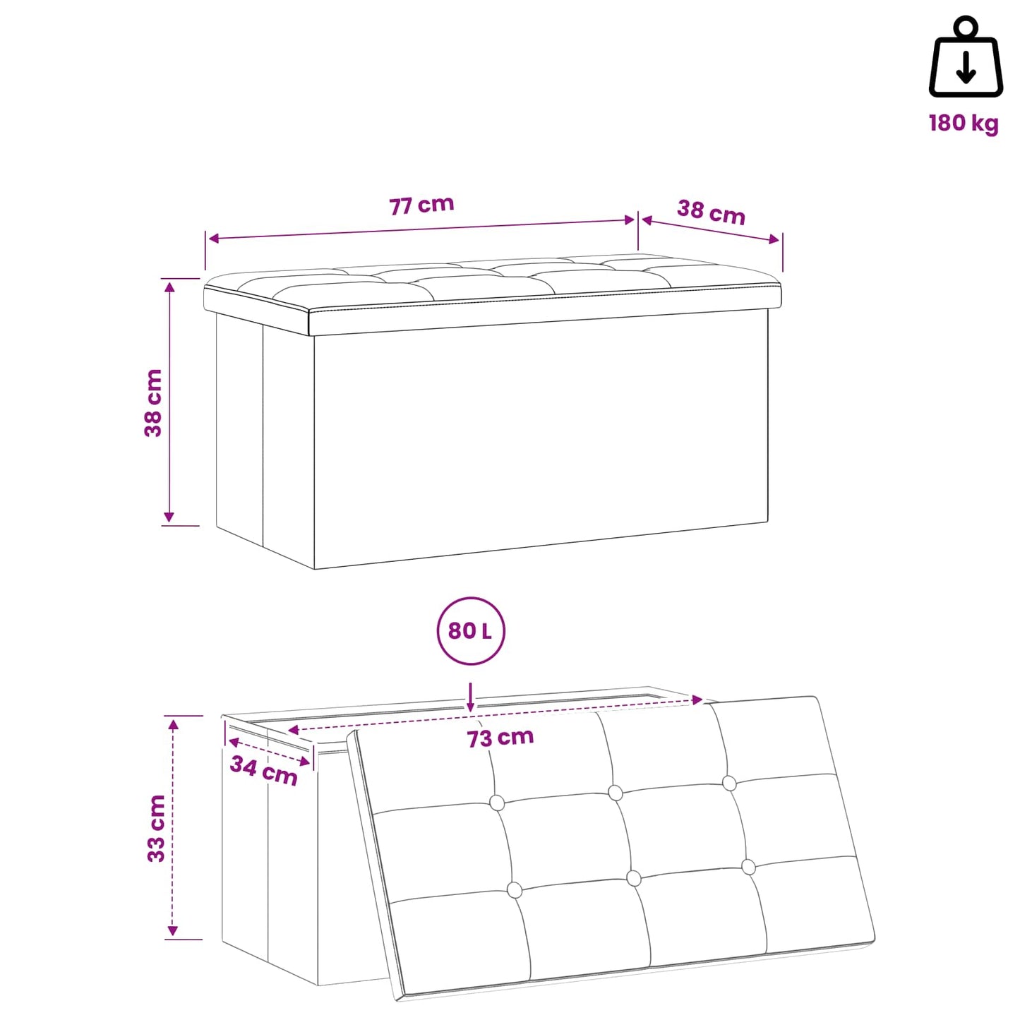 Foldable Storage Bench Blue 180 kg 80 L 77 x 38 x 38 cm Linen