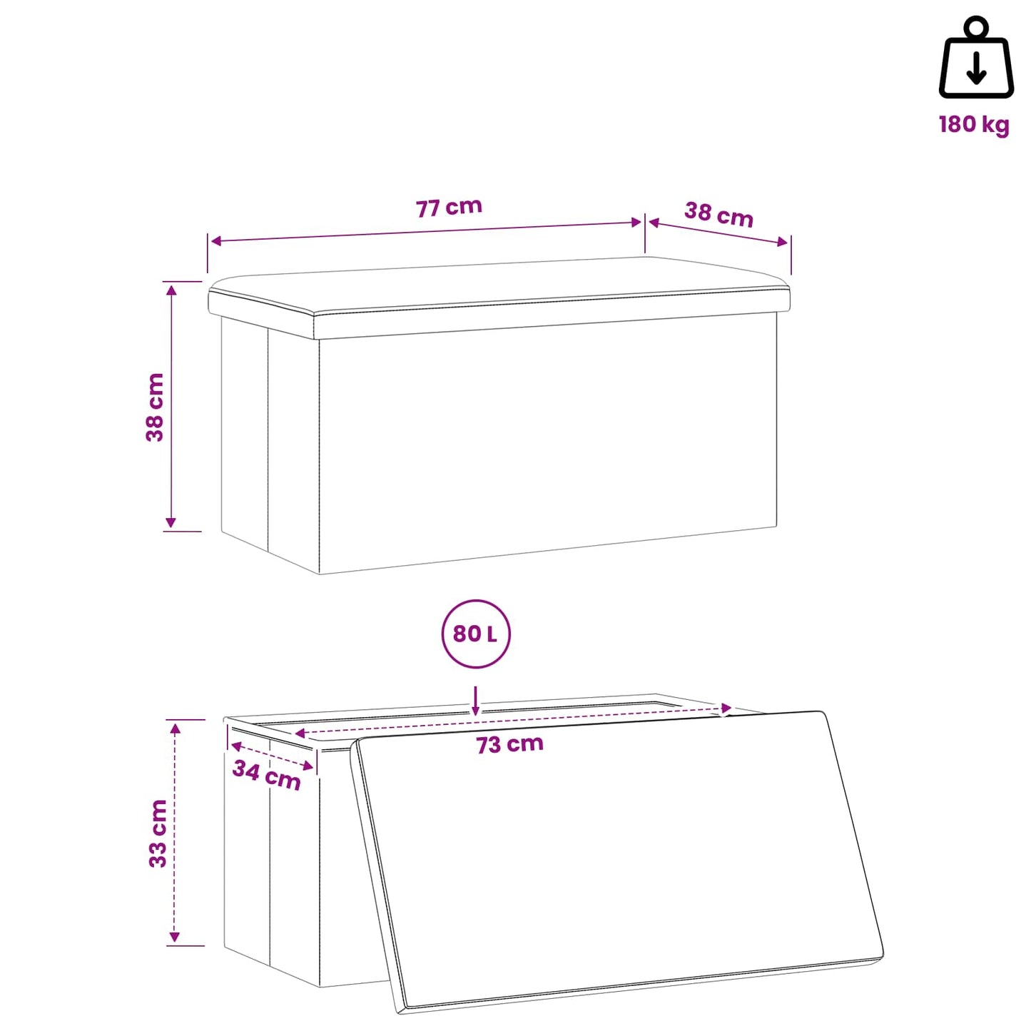Foldable Storage Bench Black 180 kg 80 L 77 x 38 x 38 cm PVC