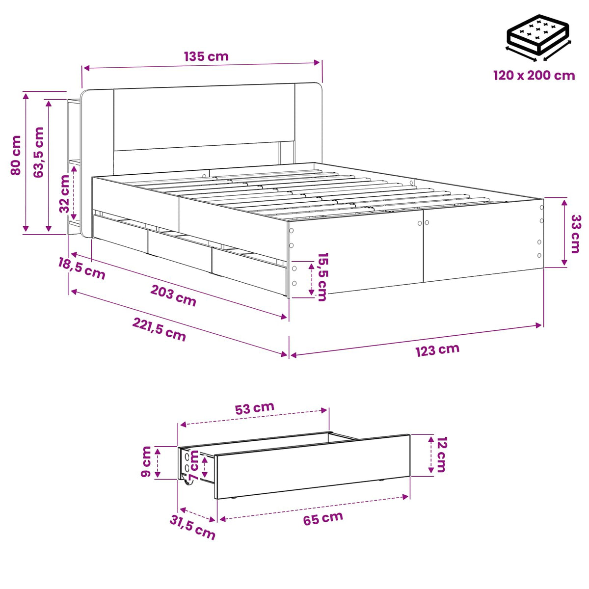 Bed Frame with Storage and Headboard Artisan Oak 120 x 200 cm