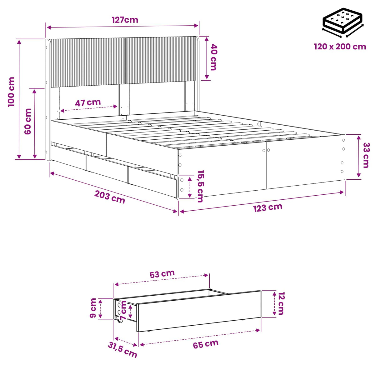 Bed Frame with Storage and Headboard Artisan Oak 120 x 200 cm