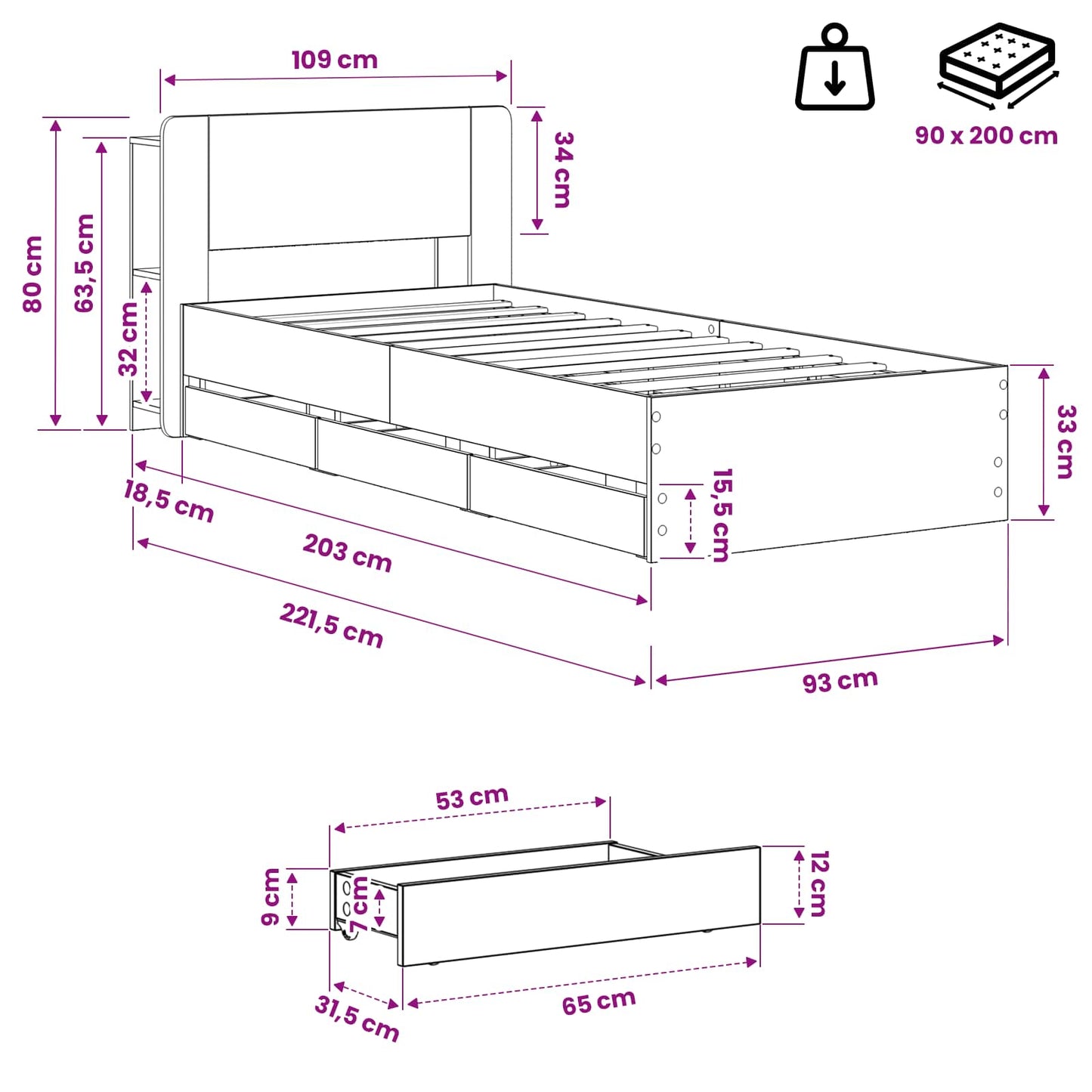 Bed Frame with Storage and Headboard Artisan Oak 90 x 200 cm