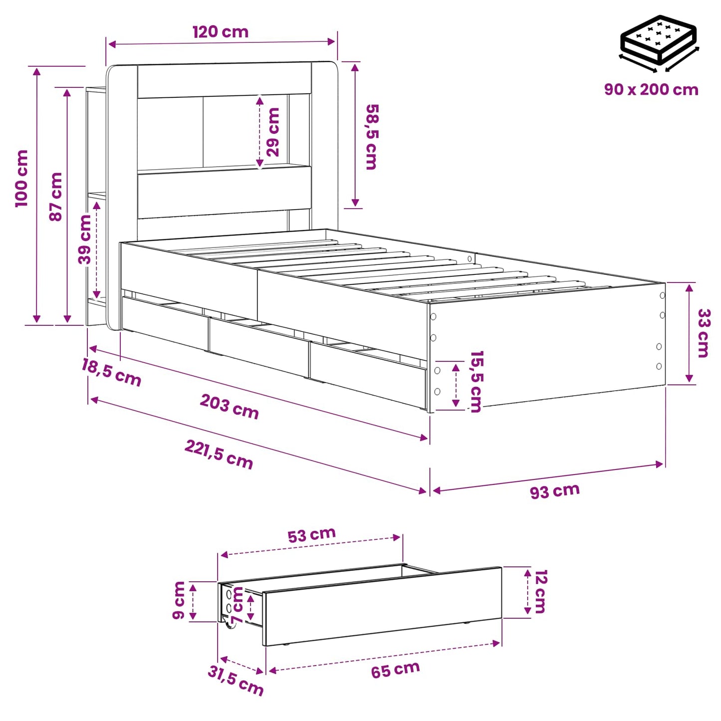 Bed Frame with Storage and Headboard Artisan Oak 90 x 200 cm