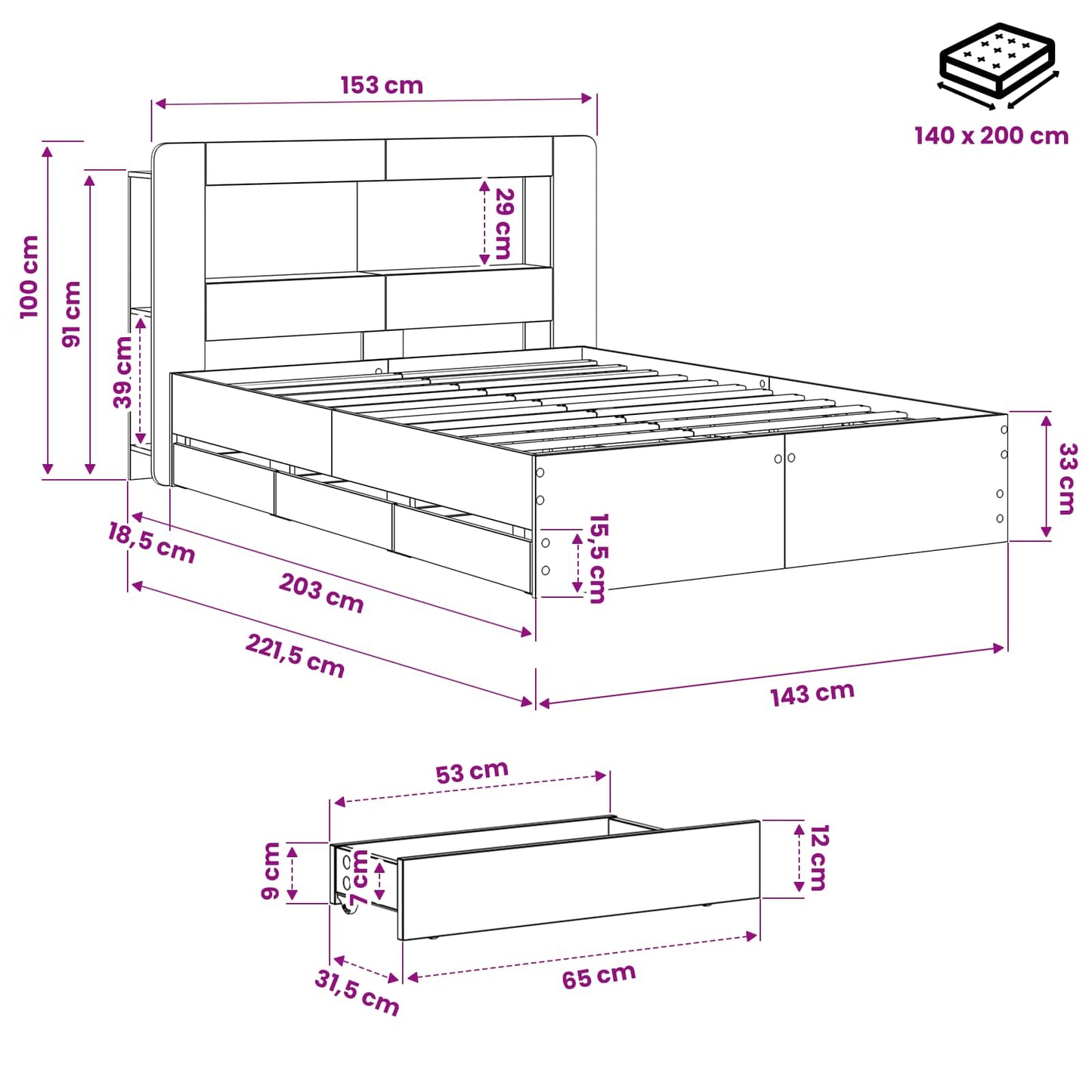 Bed Frame with Storage and Headboard Artisan Oak 140 x 190 cm