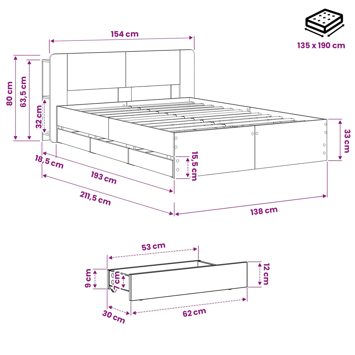 Bed Frame with Storage and Headboard Artisan Oak 135 x 190 cm