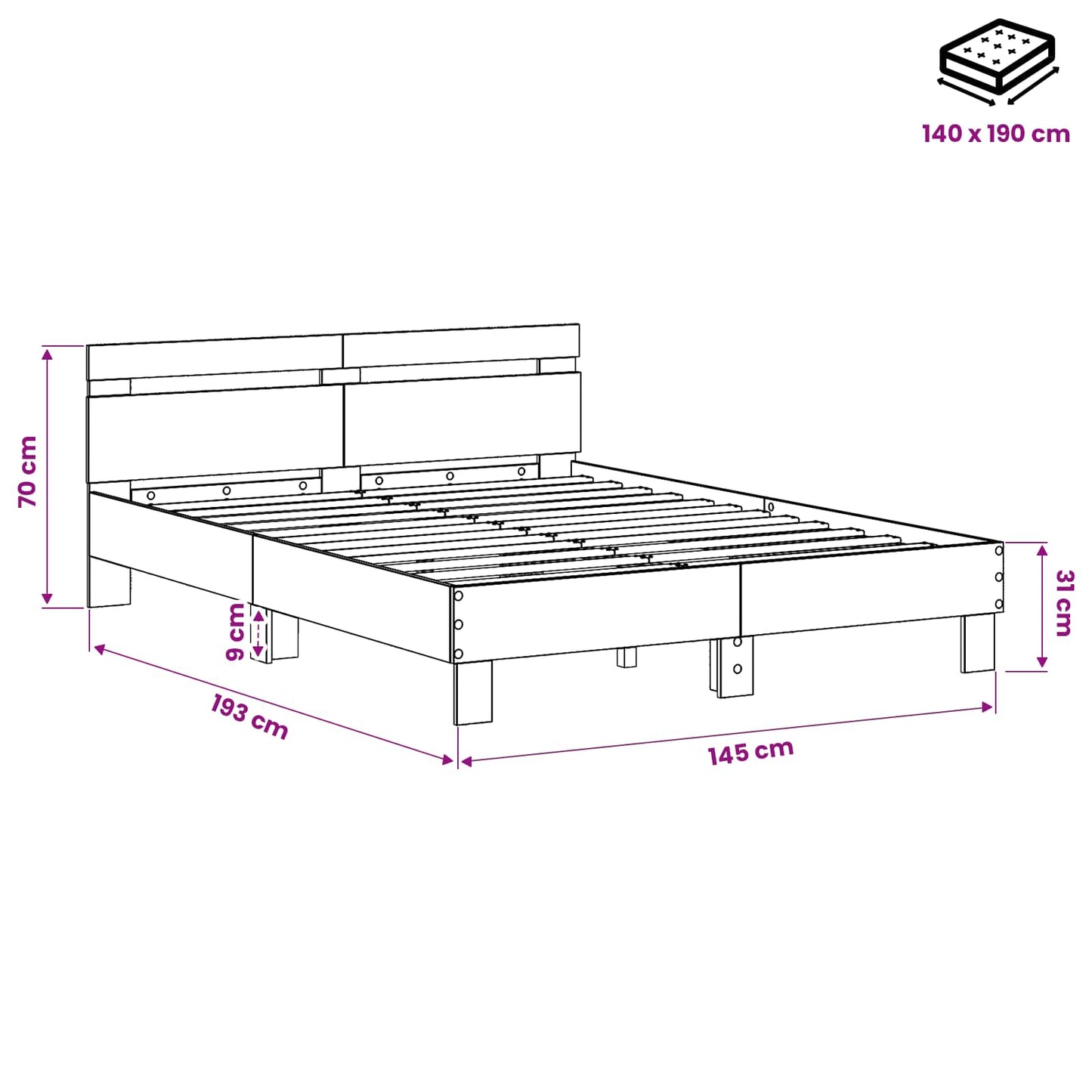 Bed Frame Black Oak 140 x 190 cm Engineered Wood