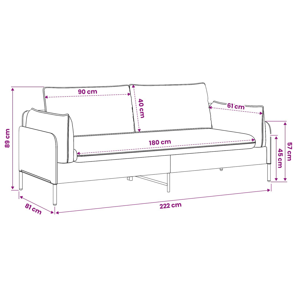 3-Seater Sofa Light Grey 222 x 81 x 89 cm Velvet