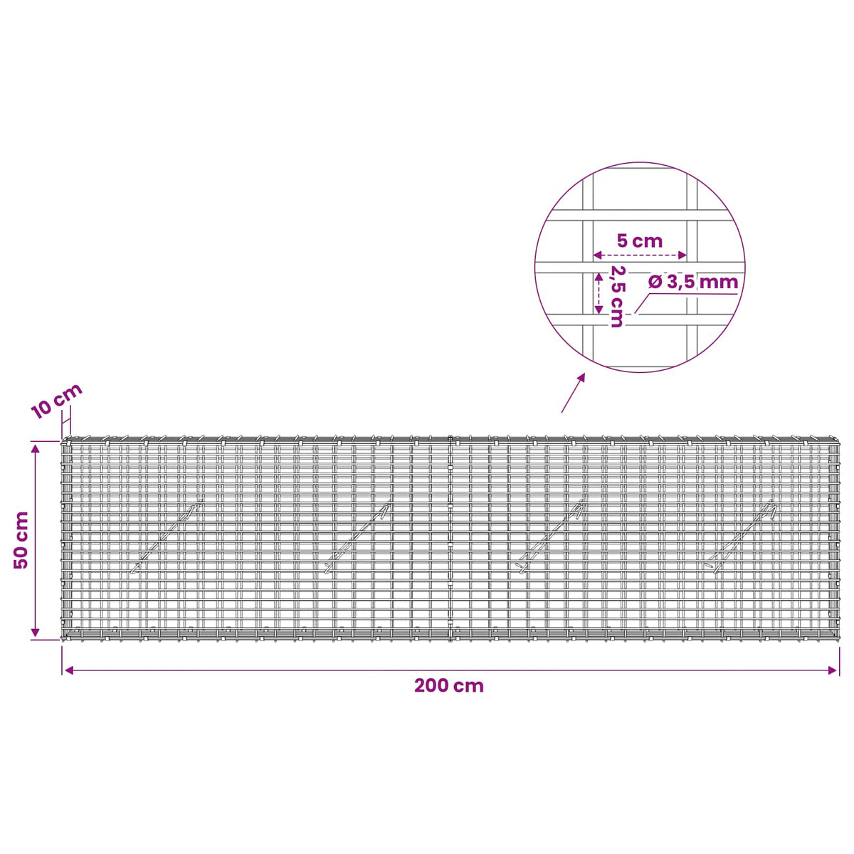 Gabion with 3.5 mm Wire and 5x2.5 cm Mesh 200x10x50 cm