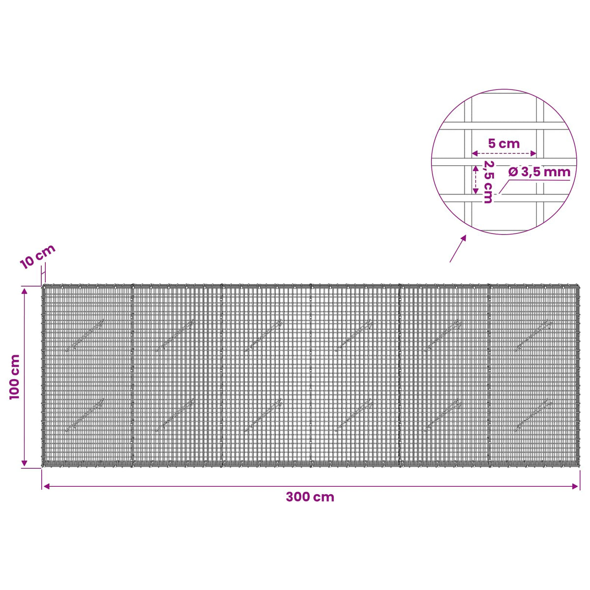 Gabion with 3.5 mm Wire and 5x2.5 cm Mesh 300x10x100 cm