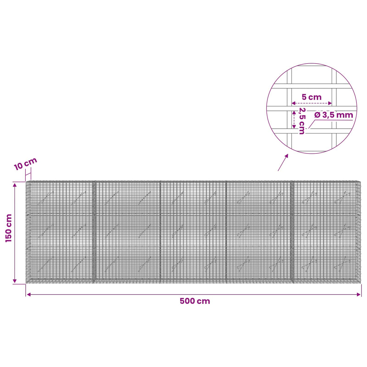 Gabion with 3.5 mm Wire and 5x2.5 cm Mesh 500x10x150 cm