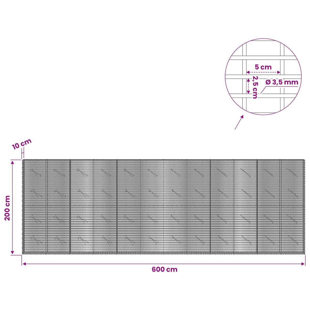 Gabion with 3.5 mm Wire and 5x2.5 cm Mesh 600x10x200 cm
