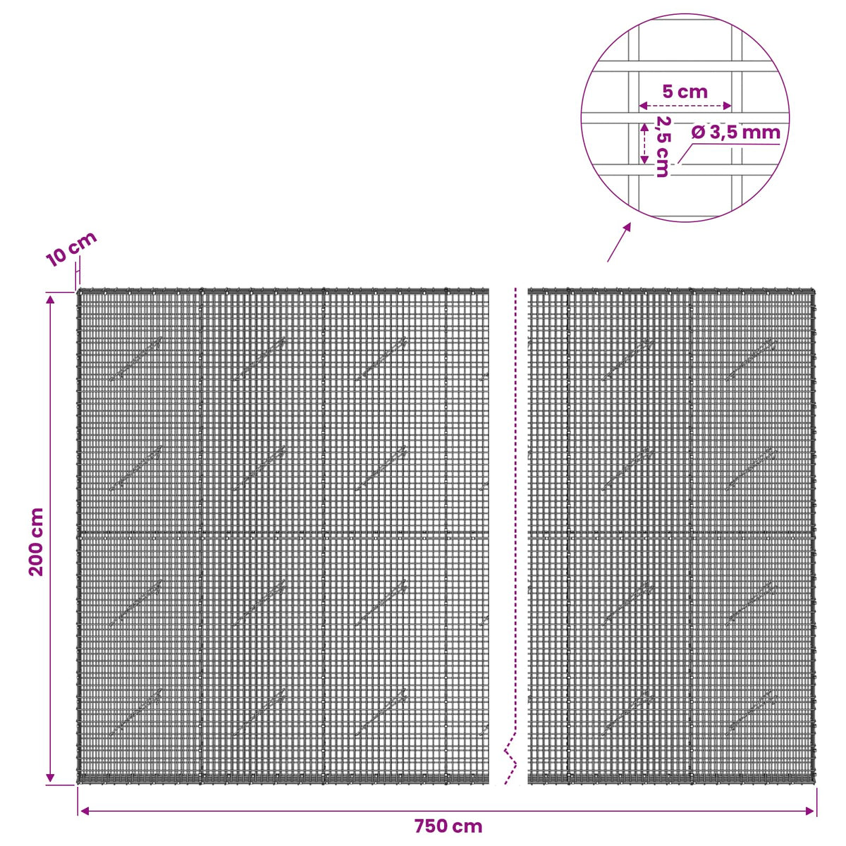 Gabion with 3.5 mm Wire and 5x2.5 cm Mesh 750x10x200 cm