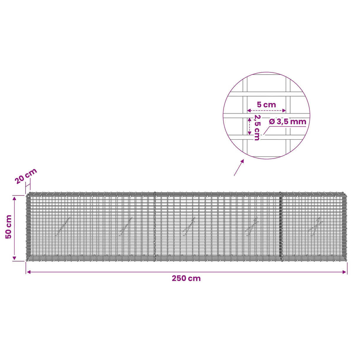 Gabion with 3.5 mm Wire and 5x2.5 cm Mesh 250x20x50 cm
