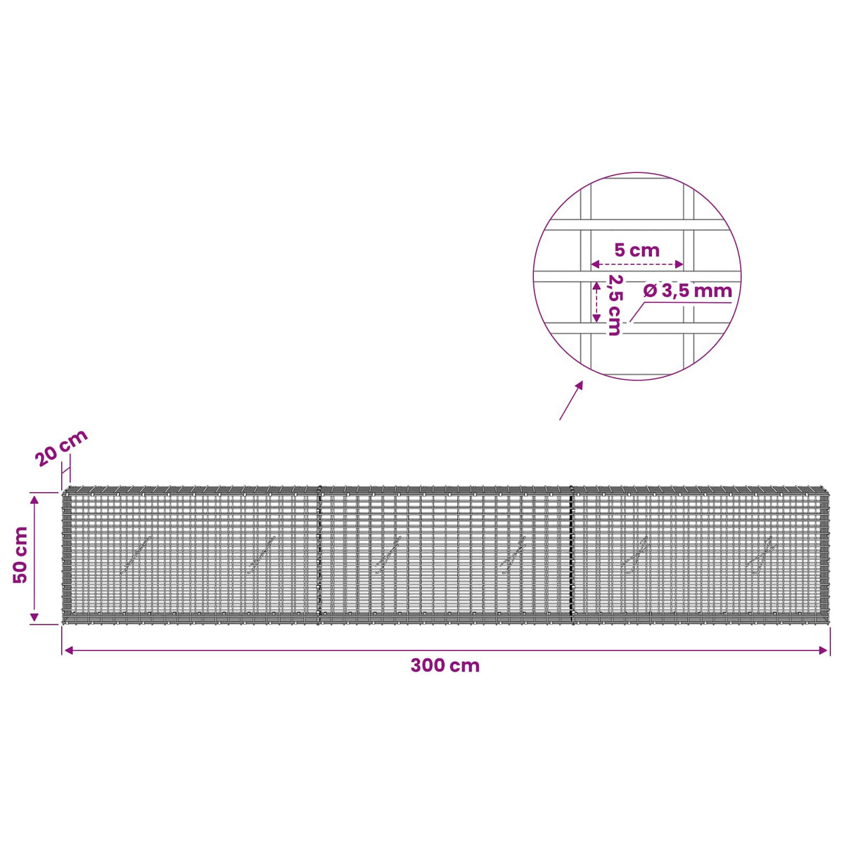 Gabion with 3.5 mm Wire and 5x2.5 cm Mesh 300x20x50 cm