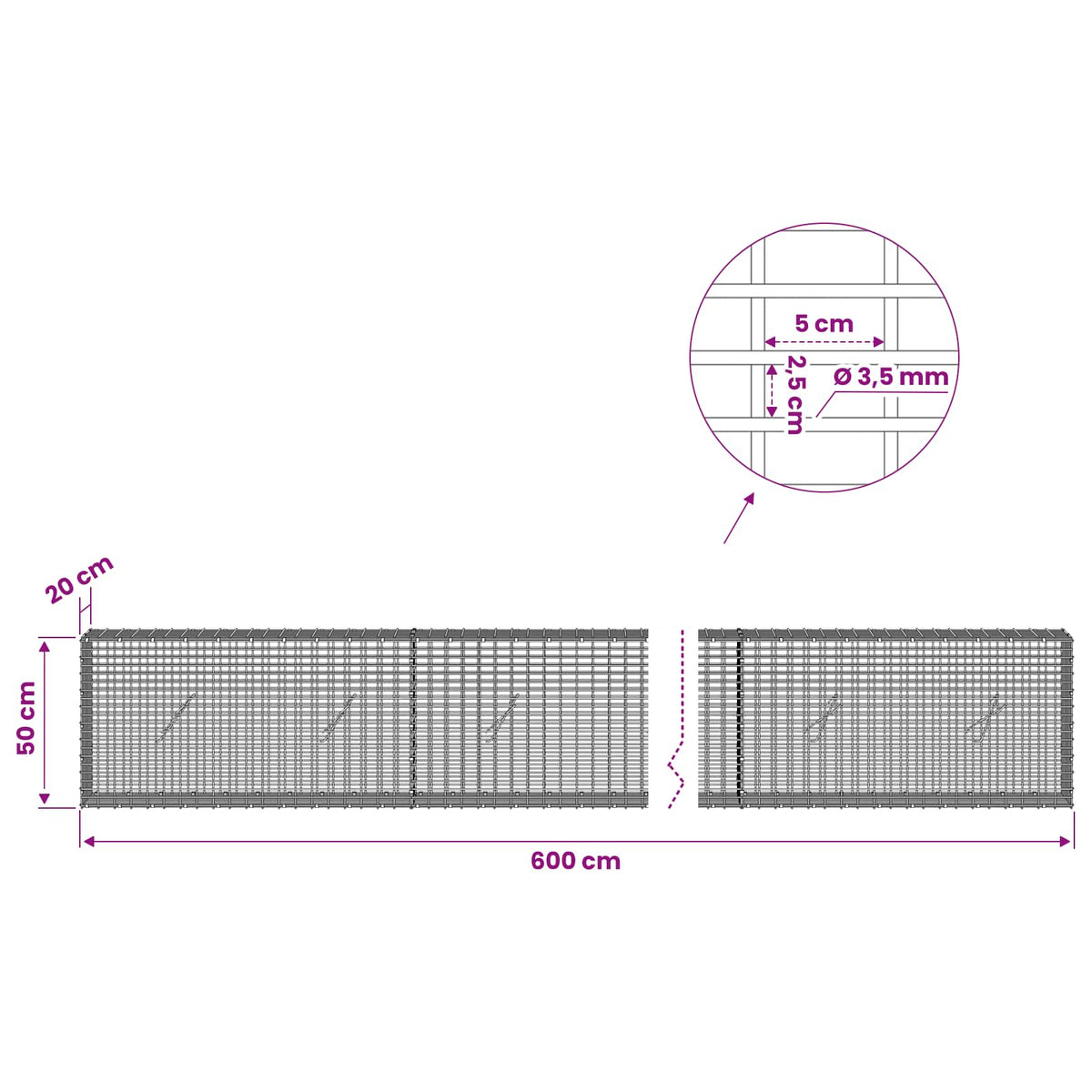Gabion with 3.5 mm Wire and 5x2.5 cm Mesh 600x20x50 cm