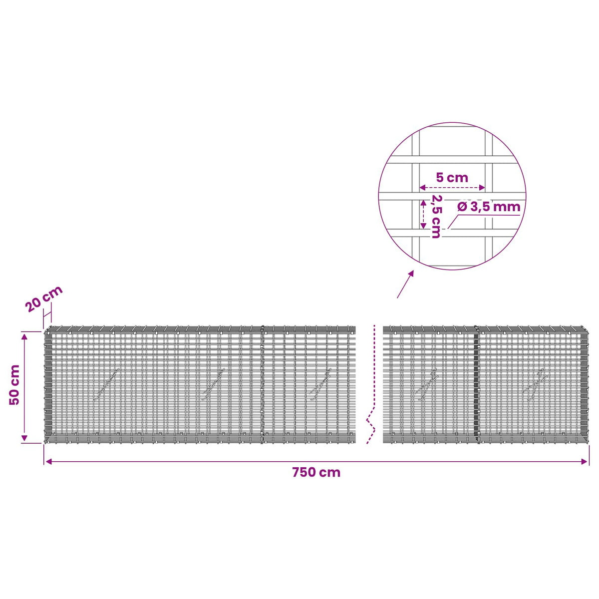 Gabion with 3.5 mm Wire and 5x2.5 cm Mesh 750x20x50 cm