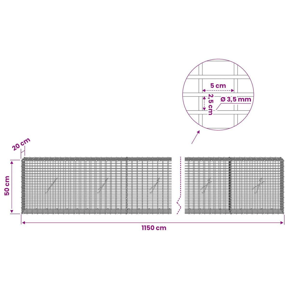 Gabion with 3.5 mm Wire and 5x2.5 cm Mesh 1150x20x50 cm