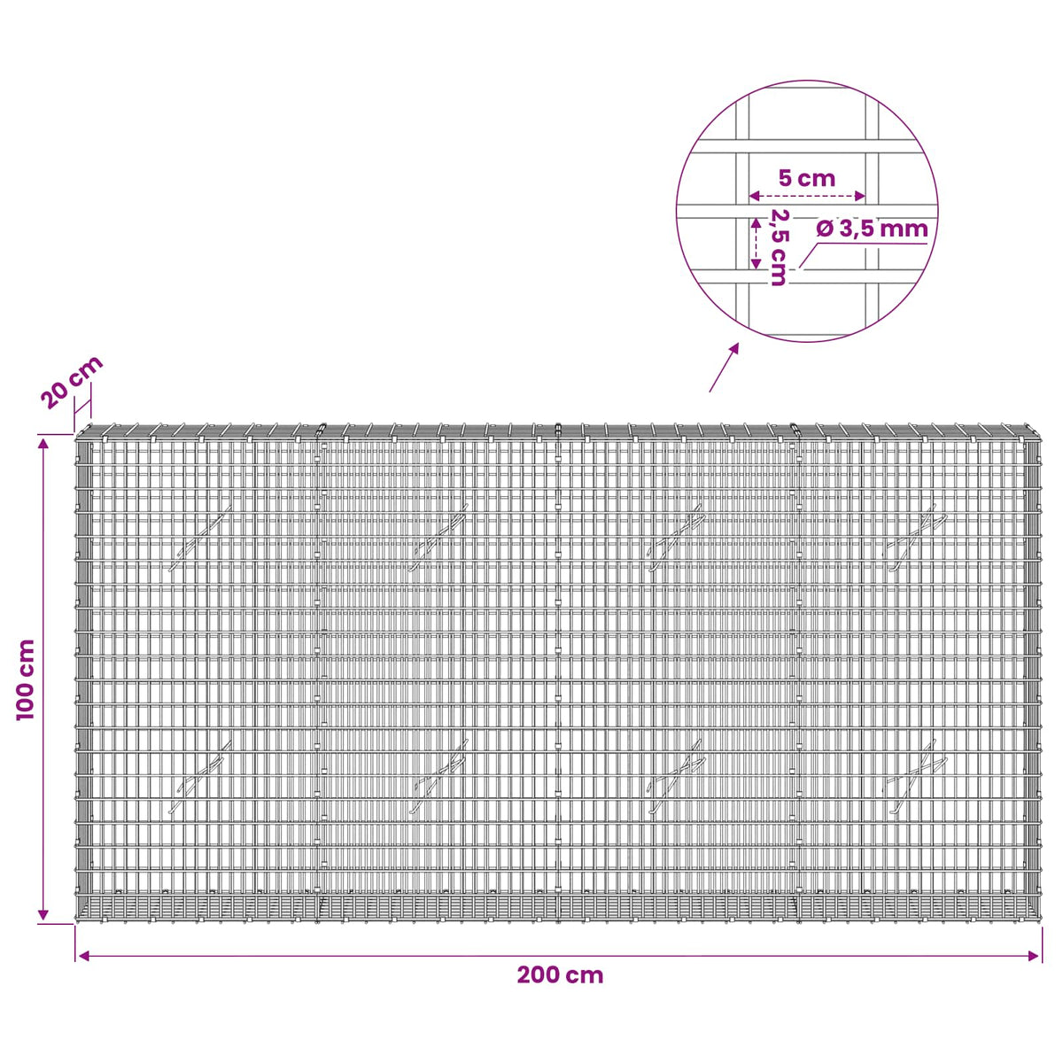 Gabion with 3.5 mm Wire and 5x2.5 cm Mesh 200x20x100 cm