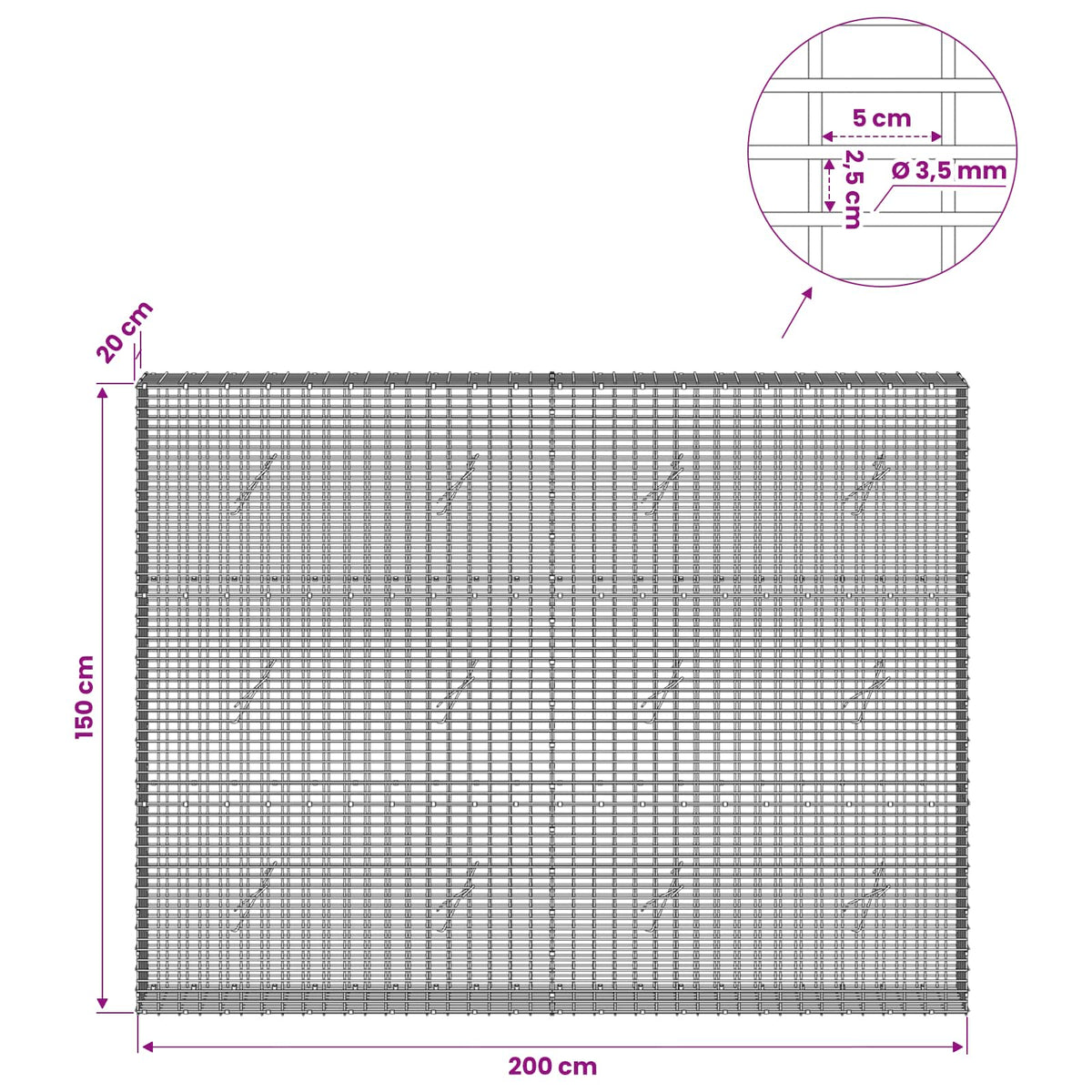 Gabion with 3.5 mm Wire and 5x2.5 cm Mesh 200x20x150 cm