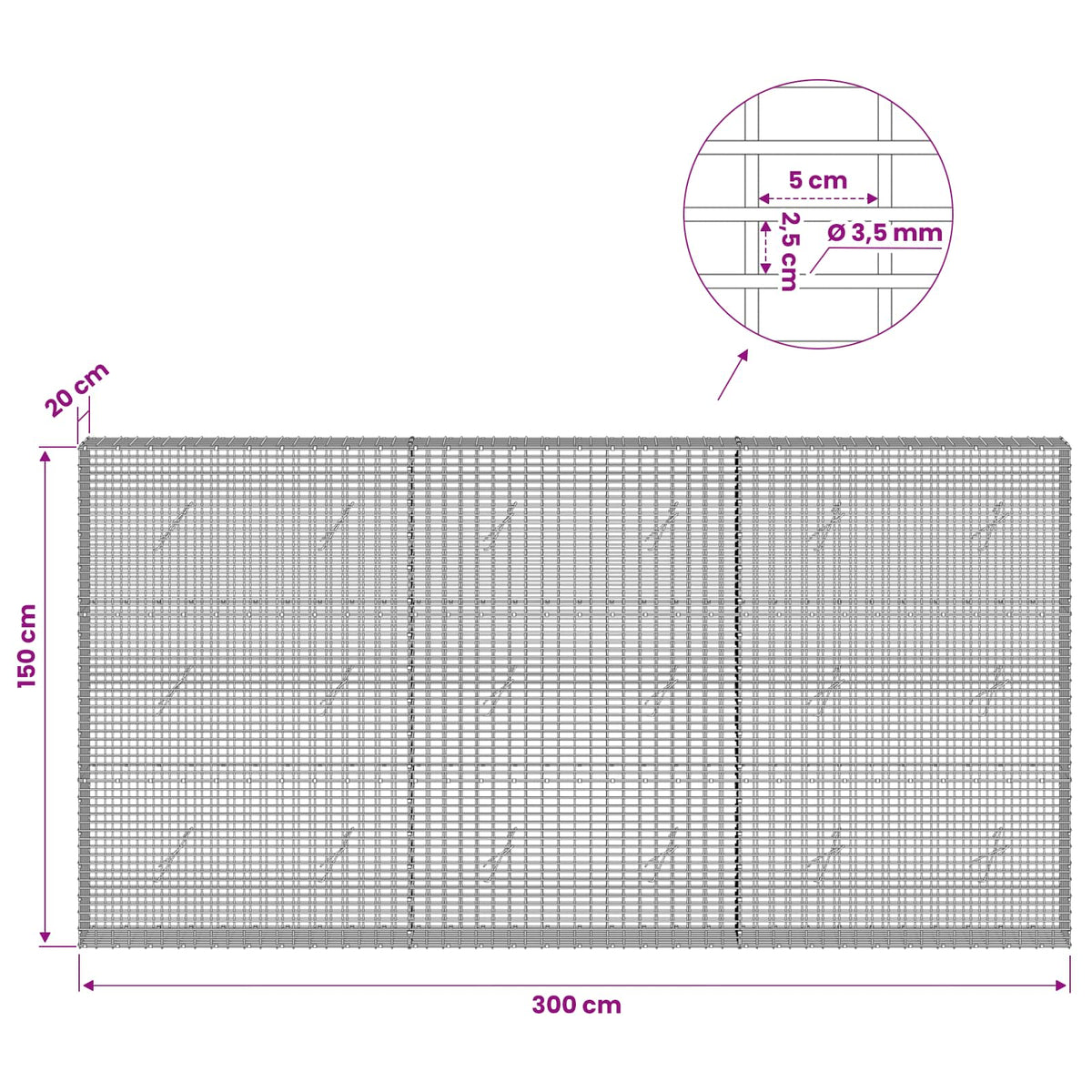Gabion with 3.5 mm Wire and 5x2.5 cm Mesh 300x20x150 cm