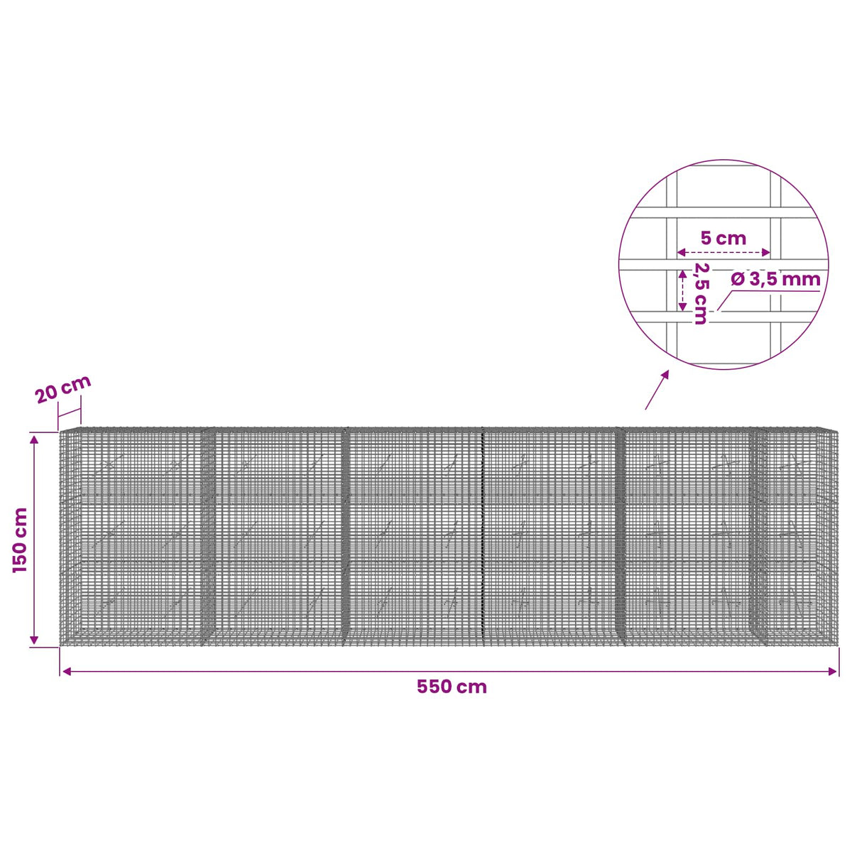 Gabion with 3.5 mm Wire and 5x2.5 cm Mesh 550x20x150 cm