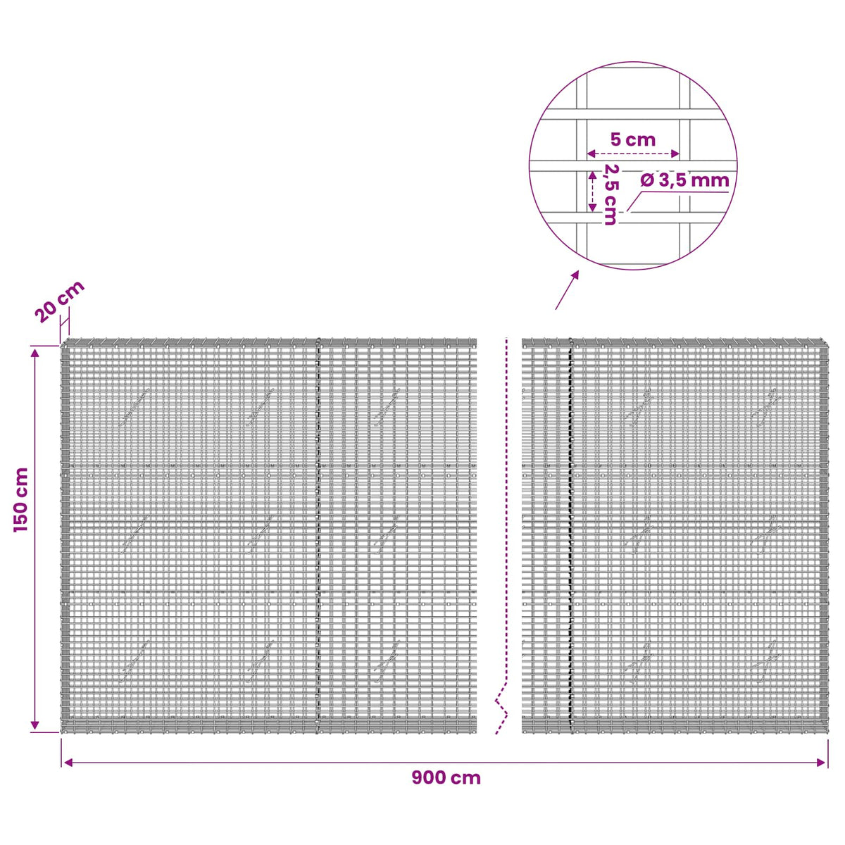 Gabion with 3.5 mm Wire and 5x2.5 cm Mesh 900x20x150 cm