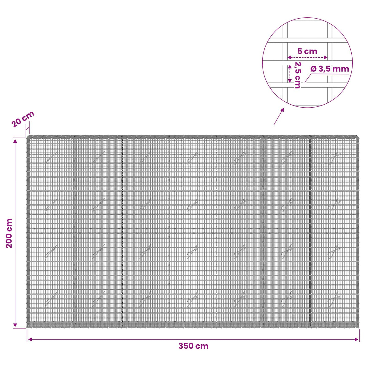 Gabion with 3.5 mm Wire and 5x2.5 cm Mesh 350x20x200 cm