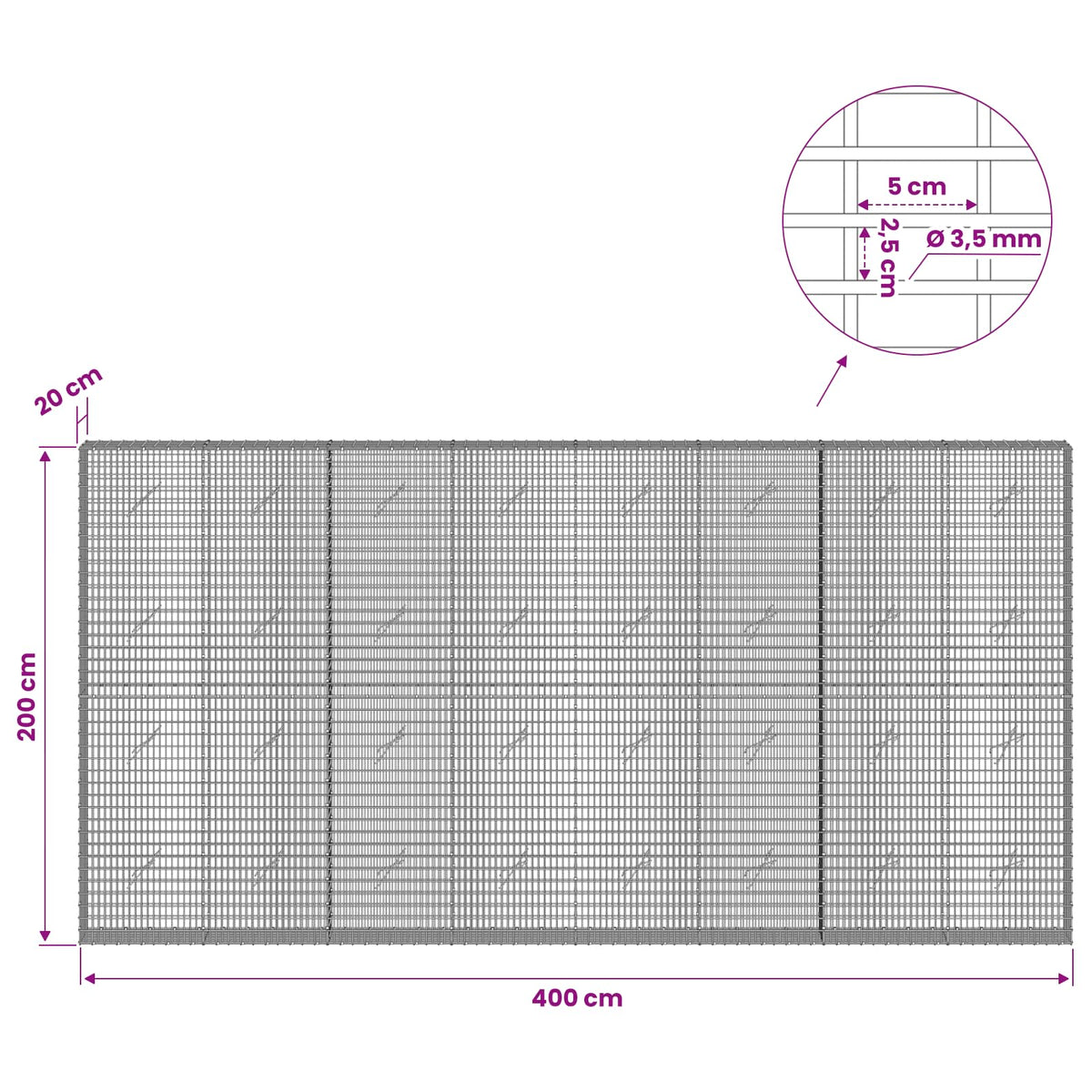 Gabion with 3.5 mm Wire and 5x2.5 cm Mesh 400x20x200 cm