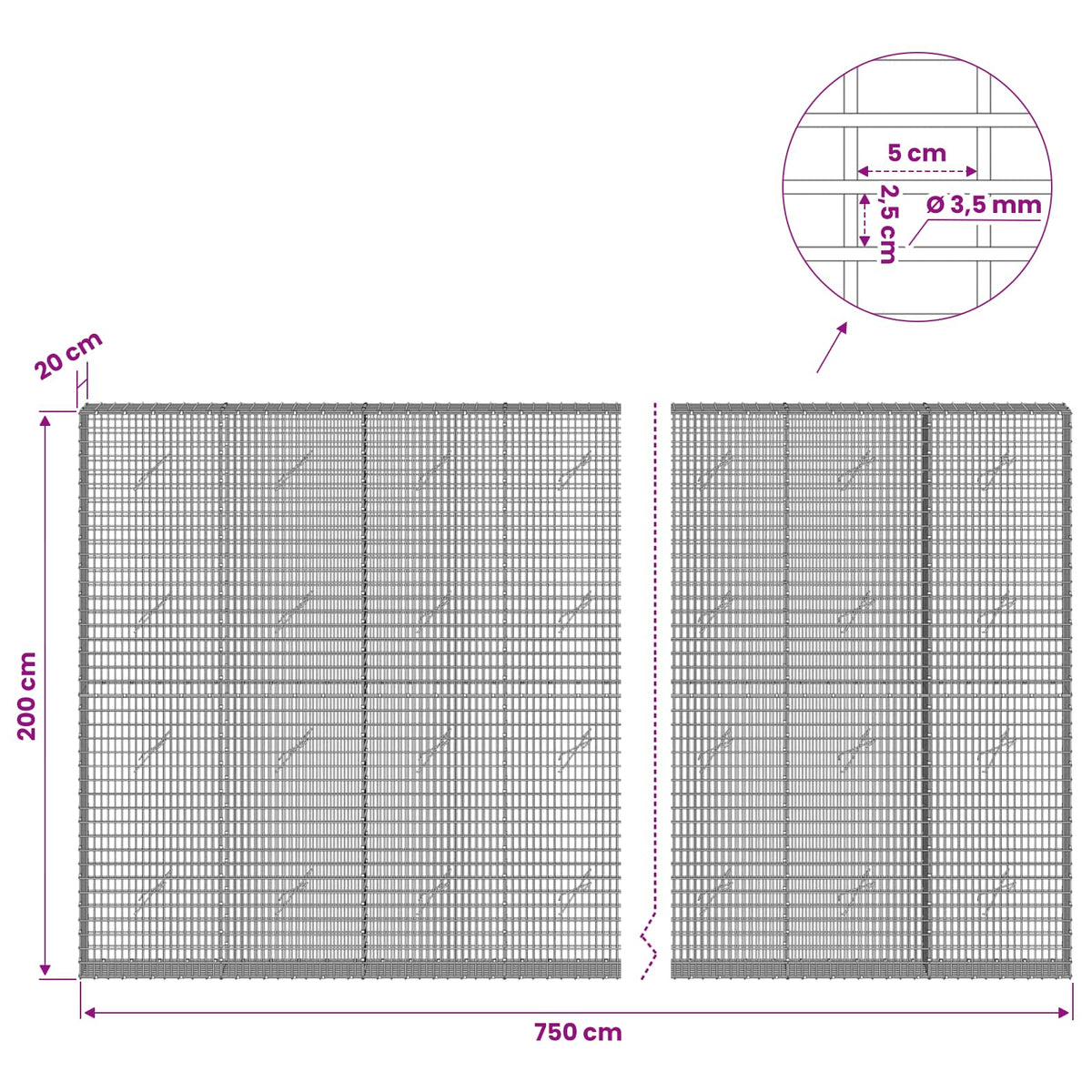 Gabion with 3.5 mm Wire and 5x2.5 cm Mesh 750x20x200 cm