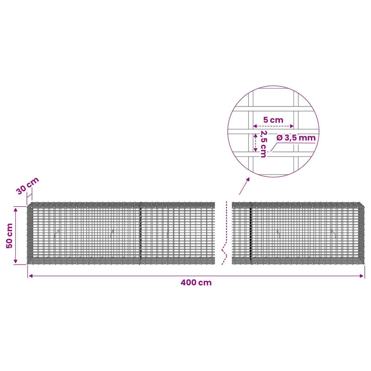 Gabion with 3.5 mm Wire and 5x2.5 cm Mesh 400x30x50 cm