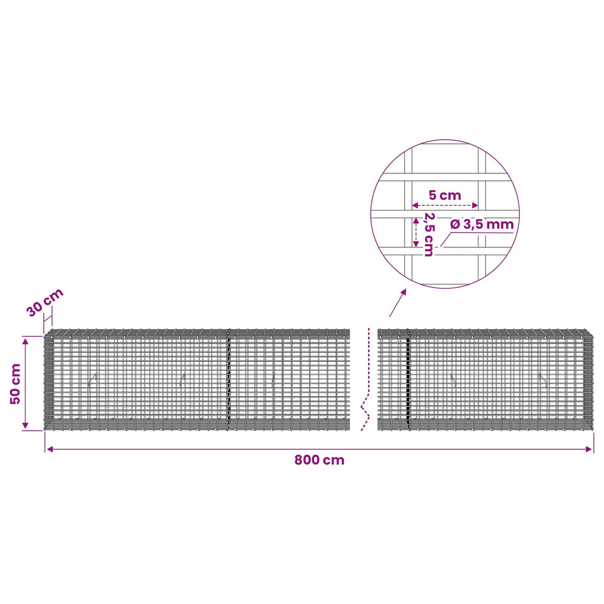 Gabion with 3.5 mm Wire and 5x2.5 cm Mesh 800x30x50 cm