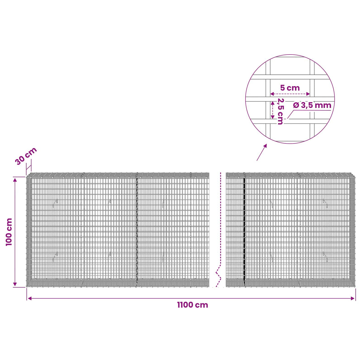 Gabion with 3.5 mm Wire and 5x2.5 cm Mesh 1100x30x100 cm