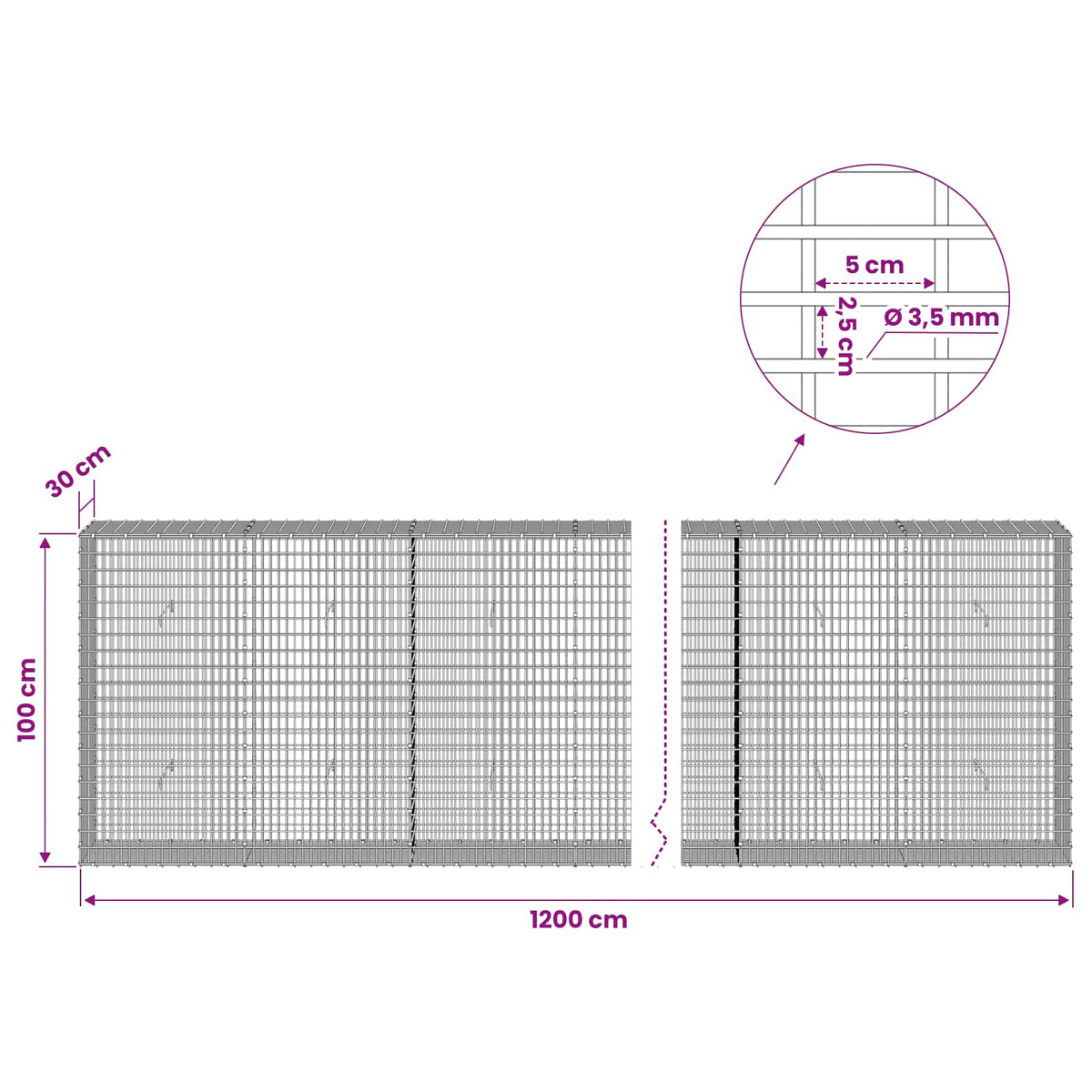 Gabion with 3.5 mm Wire and 5x2.5 cm Mesh 1200x30x100 cm