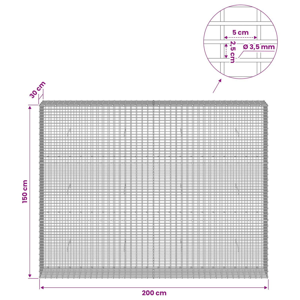Gabion with 3.5 mm Wire and 5x2.5 cm Mesh 200x30x150 cm