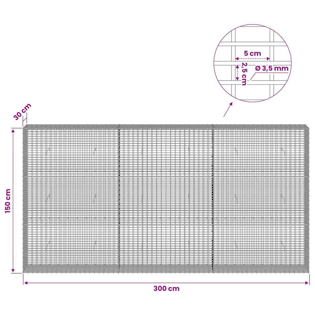 Gabion with 3.5 mm Wire and 5x2.5 cm Mesh 300x30x150 cm