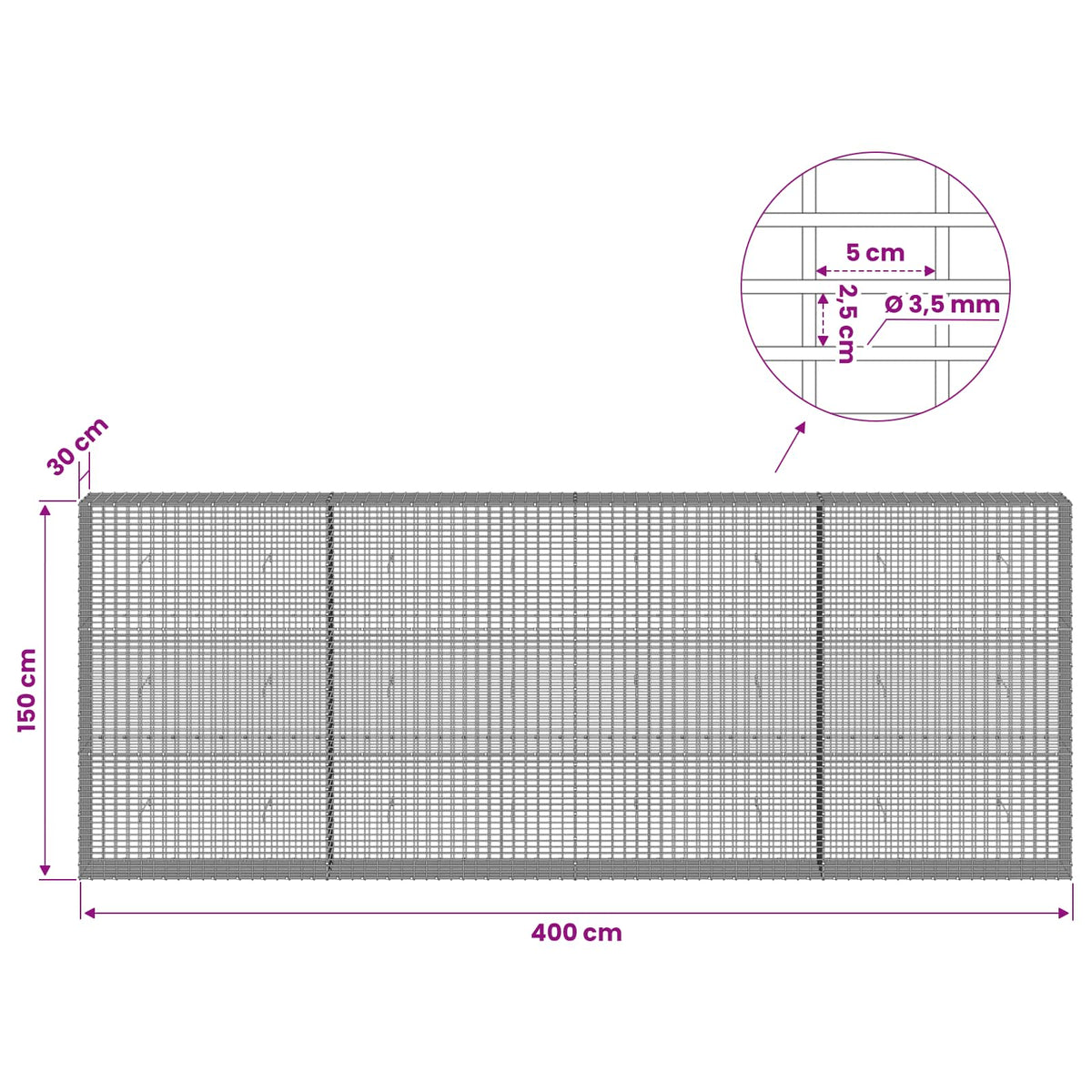 Gabion with 3.5 mm Wire and 5x2.5 cm Mesh 400x30x150 cm