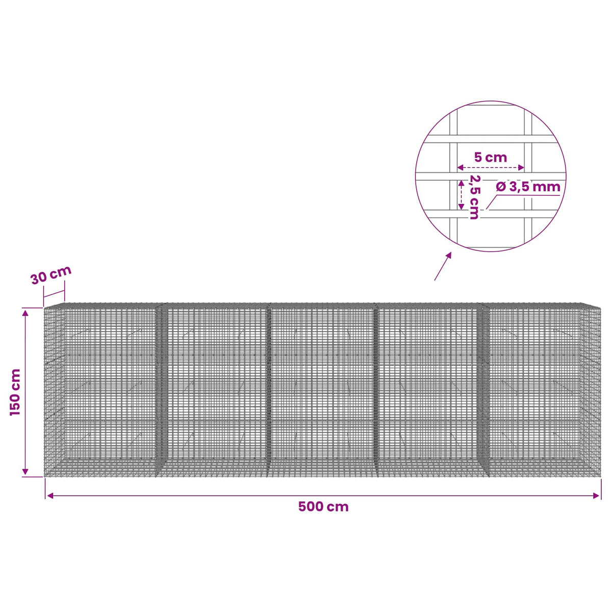 Gabion with 3.5 mm Wire and 5x2.5 cm Mesh 500x30x150 cm