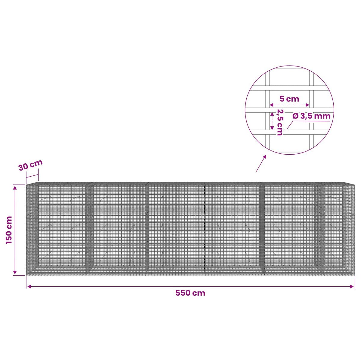 Gabion with 3.5 mm Wire and 5x2.5 cm Mesh 550x30x150 cm