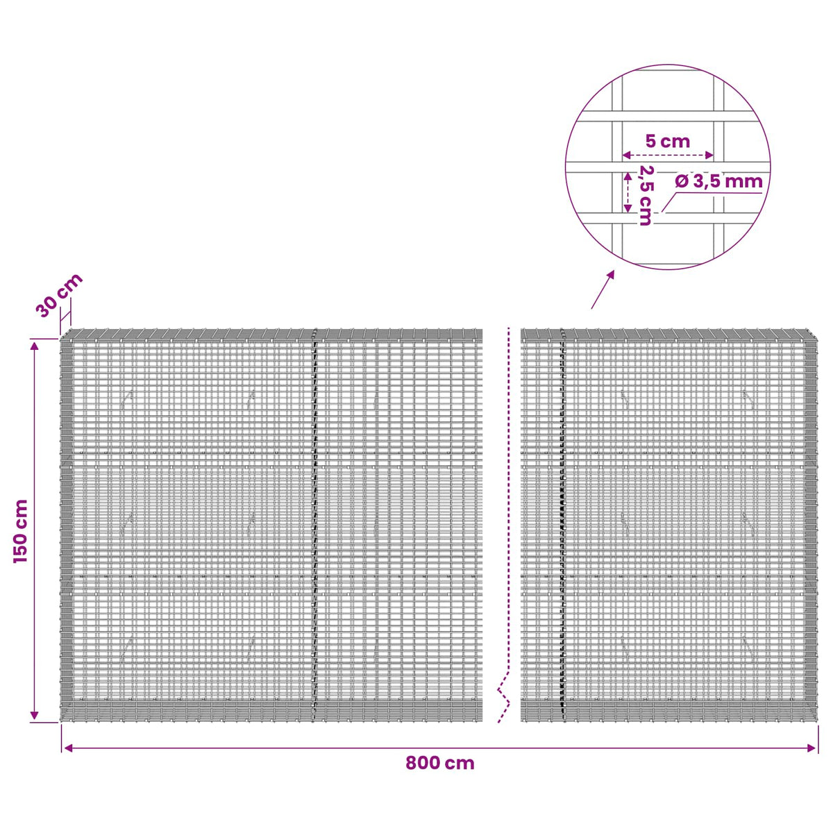 Gabion with 3.5 mm Wire and 5x2.5 cm Mesh 800x30x150 cm