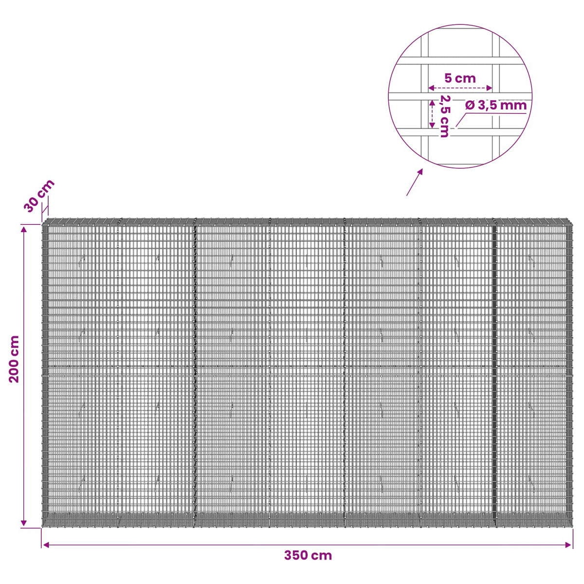 Gabion with 3.5 mm Wire and 5x2.5 cm Mesh 350x30x200 cm