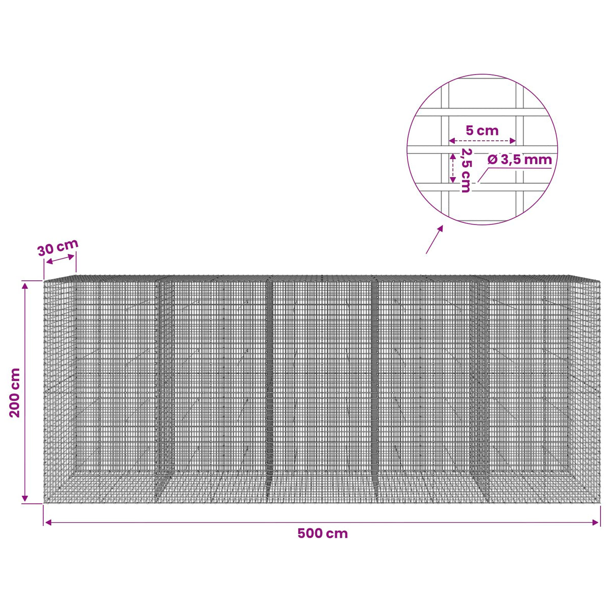 Gabion with 3.5 mm Wire and 5x2.5 cm Mesh 500x30x200 cm